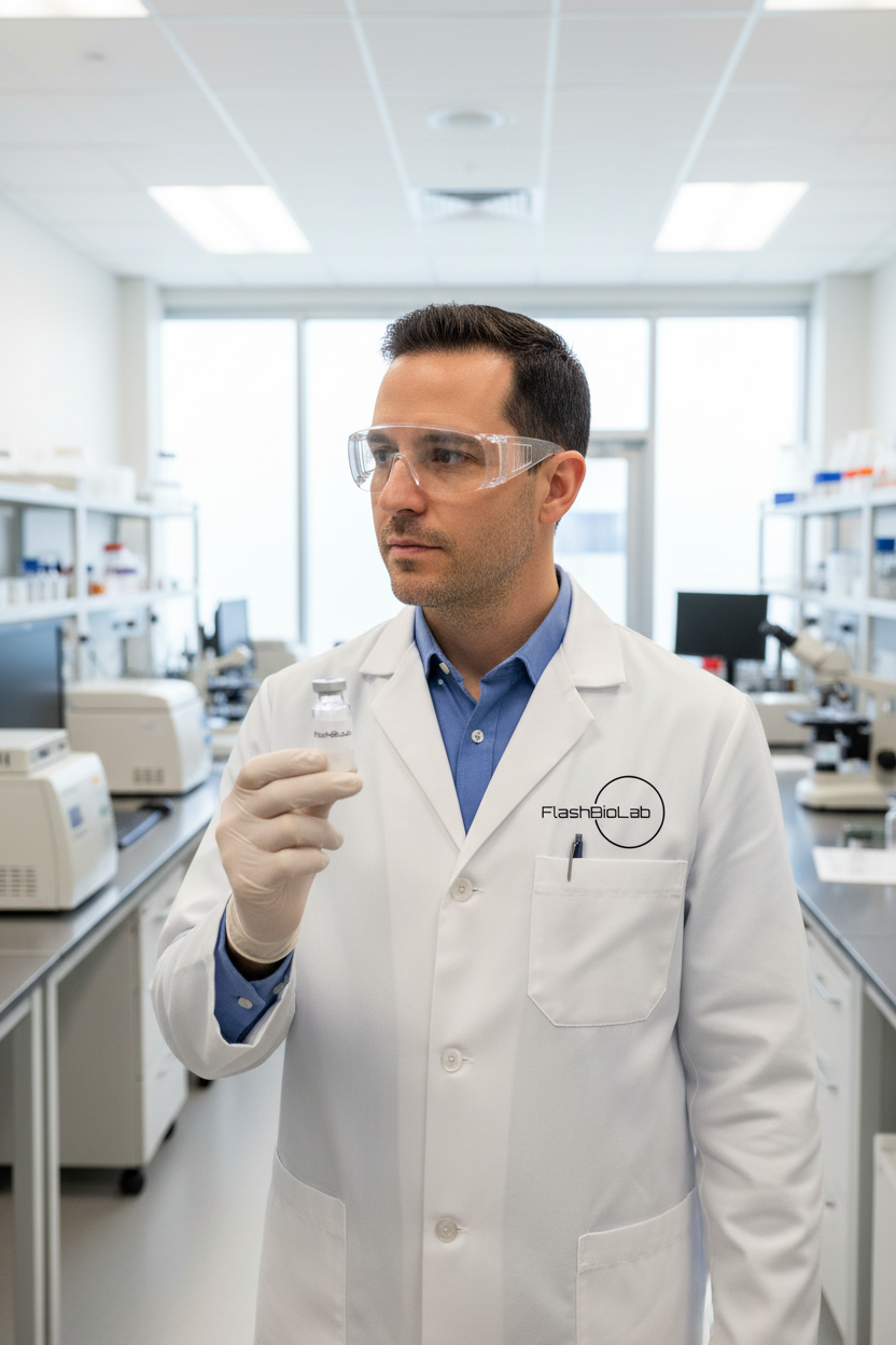 Lab researcher holding Flash BioLab peptide vial